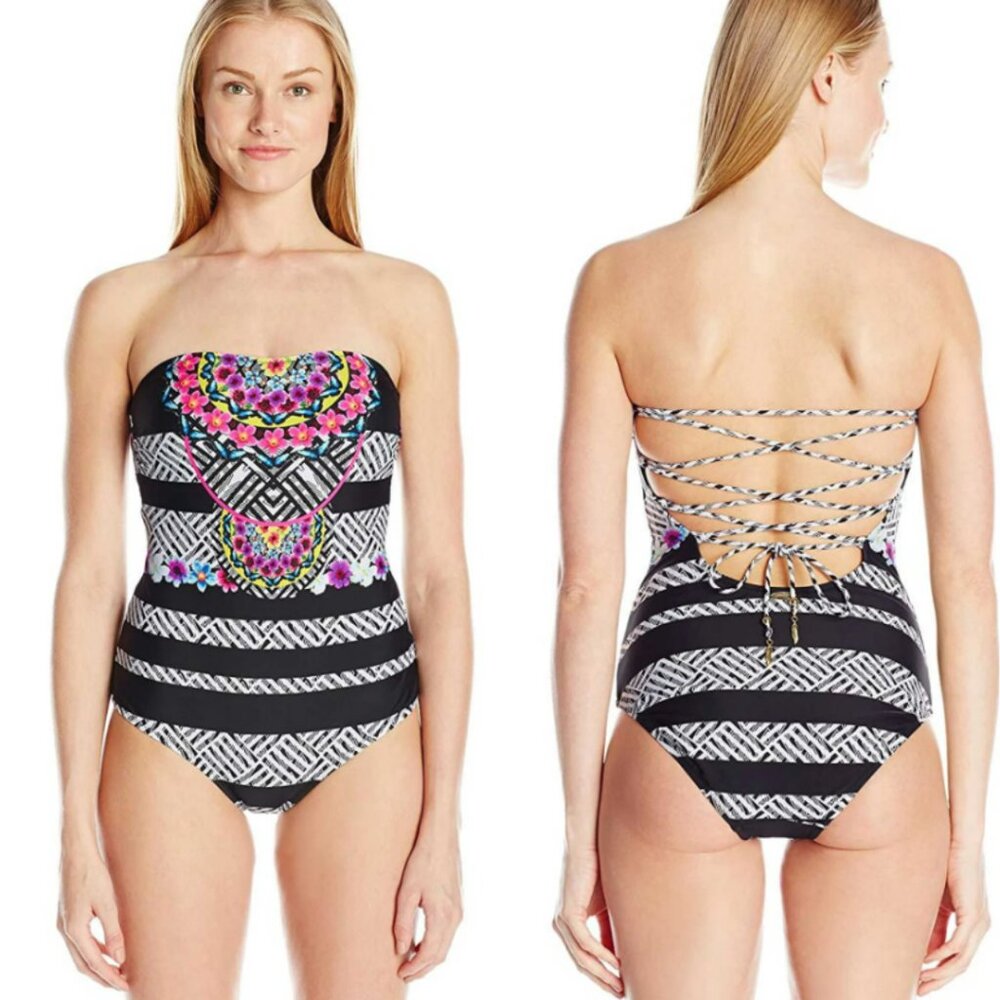 Jessica Simpson Lace-Up Back One-Piece Swimsuit Botanica NWT Sz S